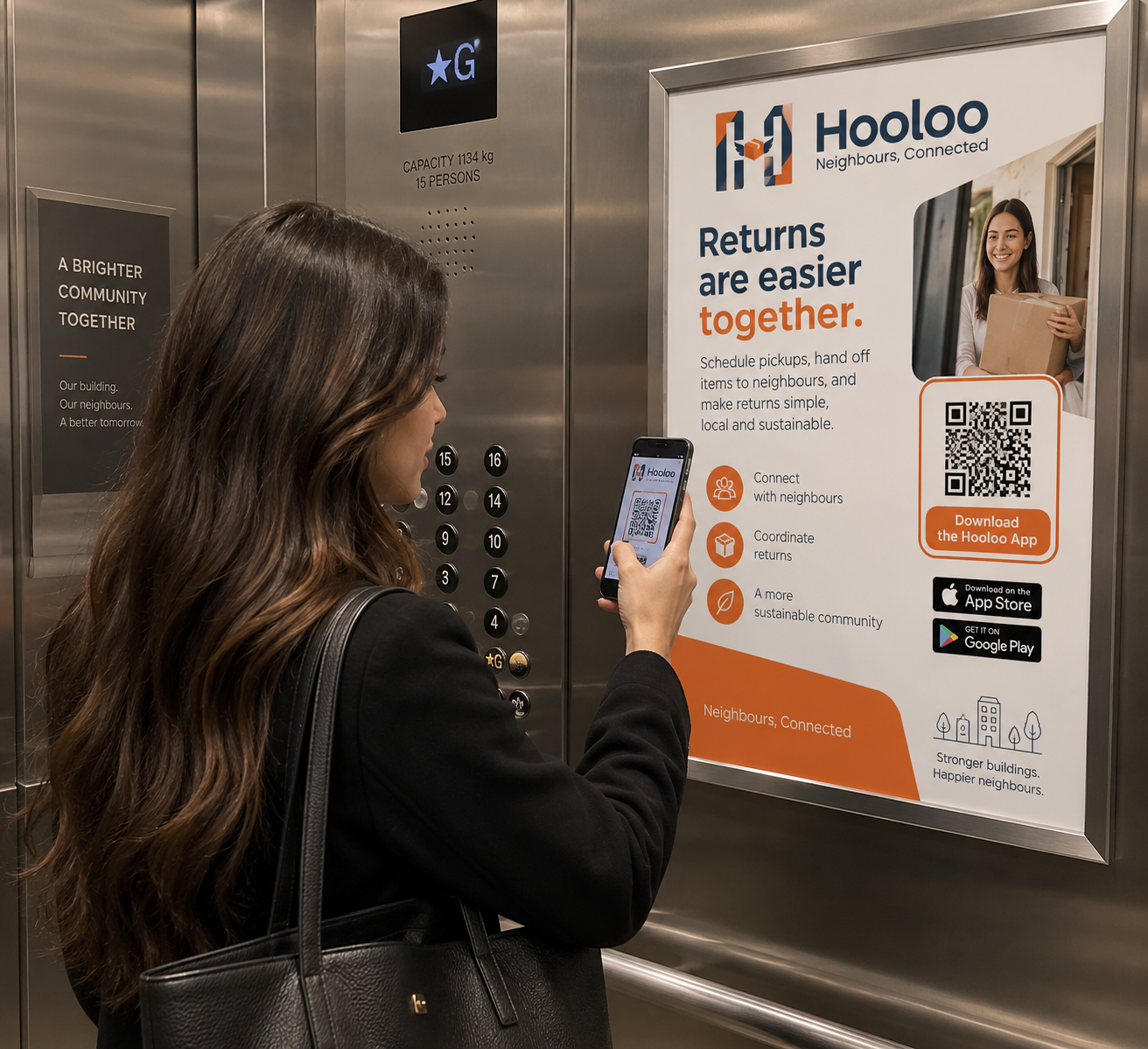 A resident scans a Hooloo QR code poster in an elevator