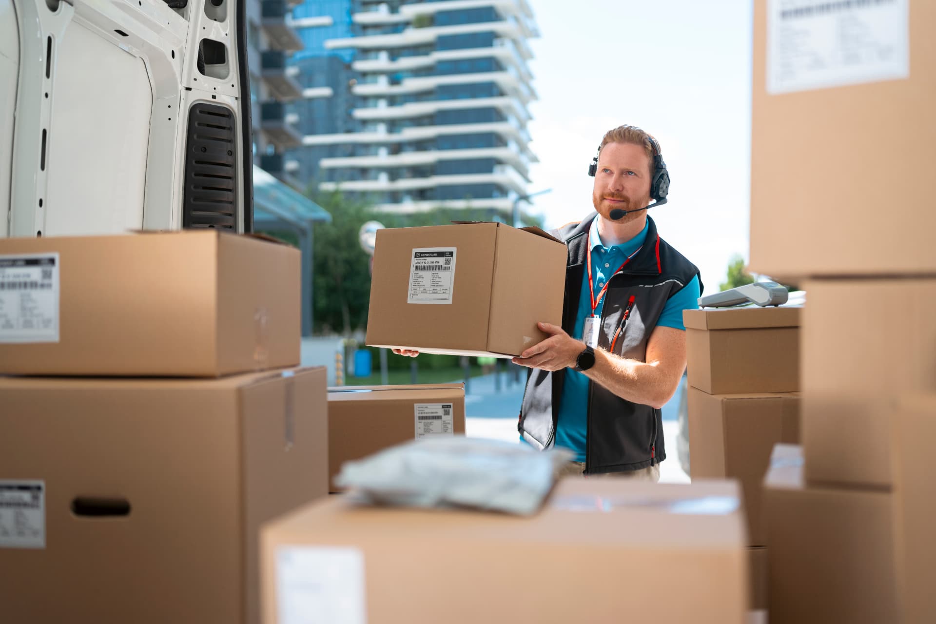 A delivery worker holding a cardboard box at the open back of a delivery van