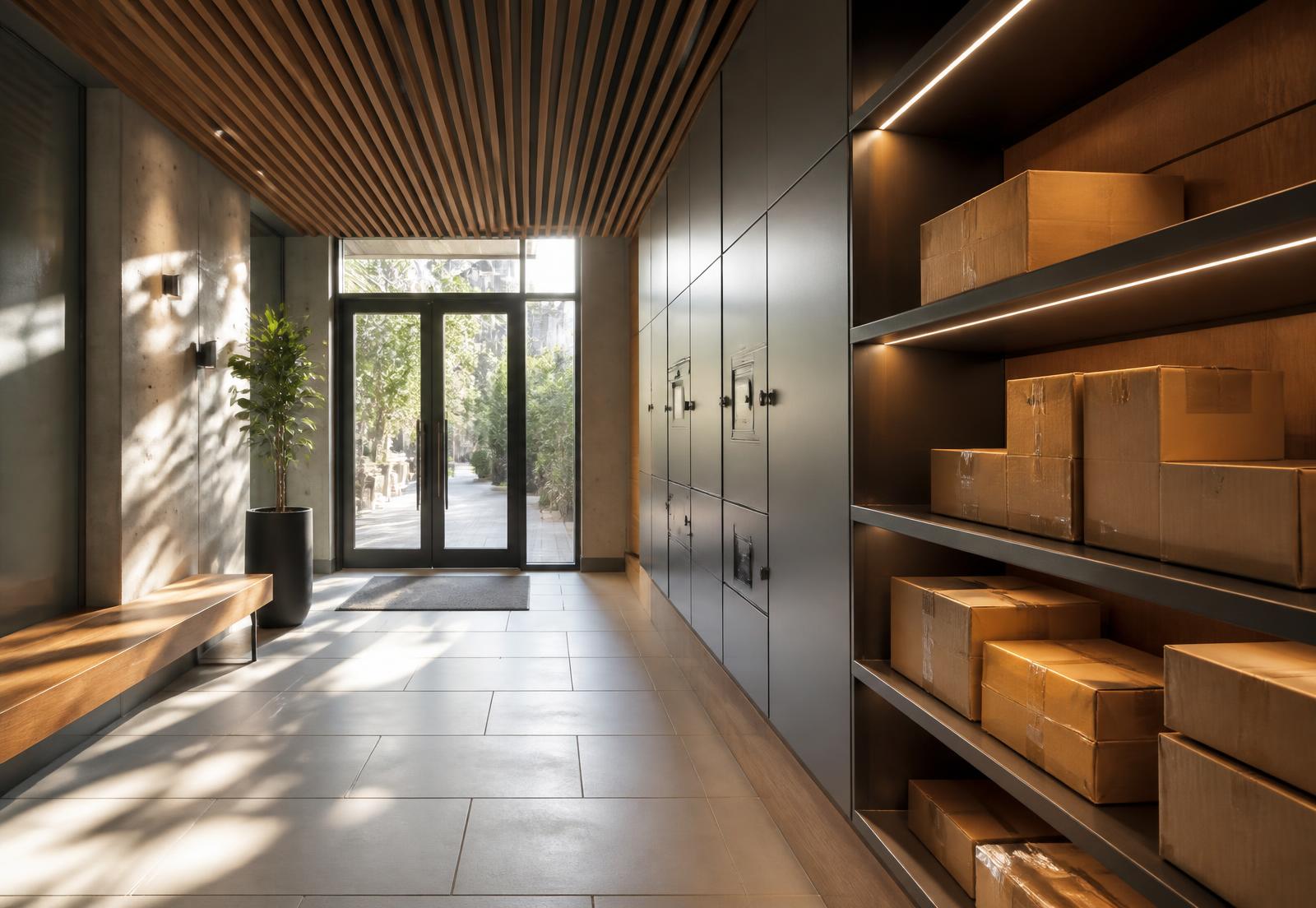 A tidy parcel area inside a modern residential lobby