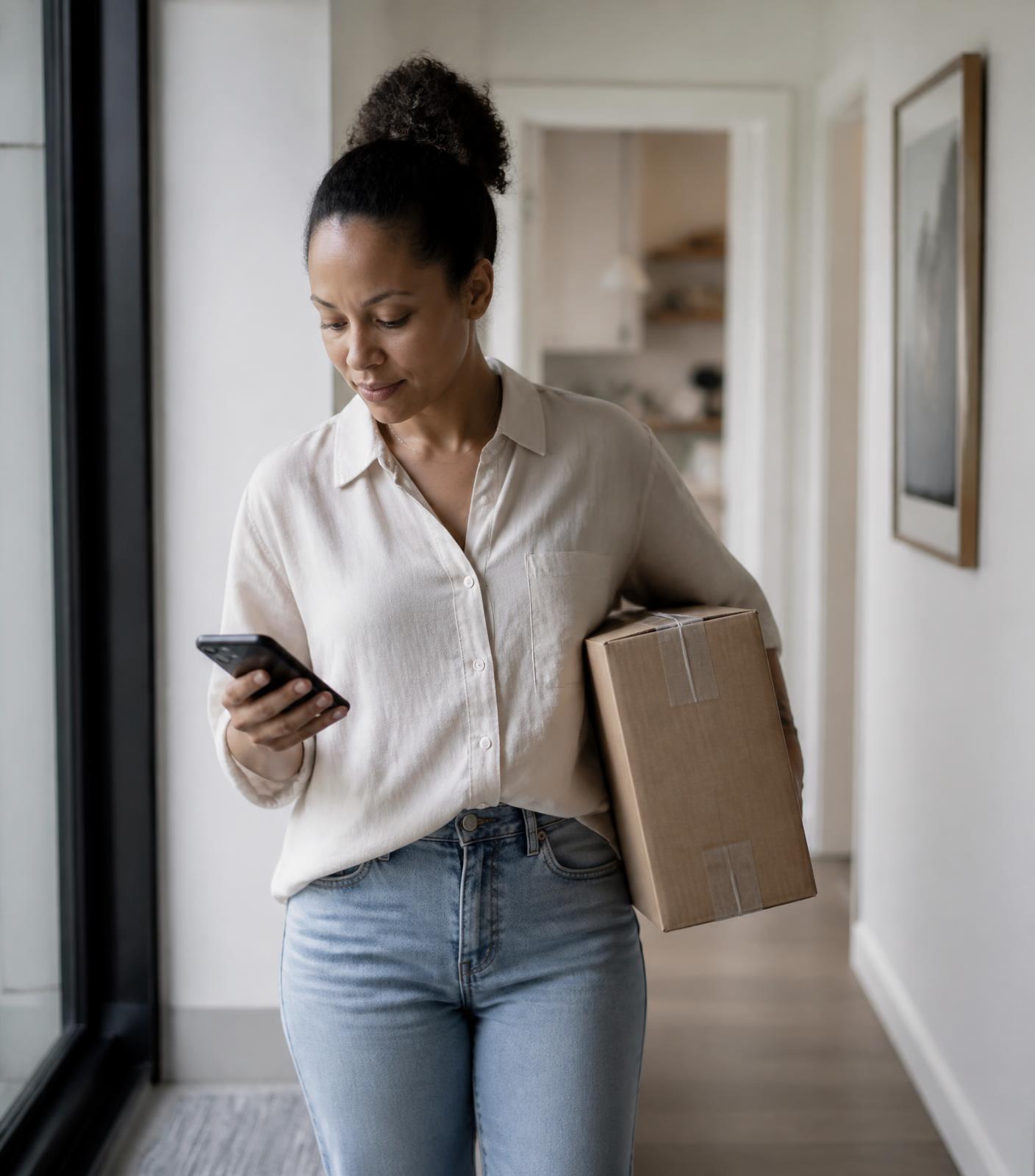 A resident holding a parcel while checking her phone in an apartment hallway